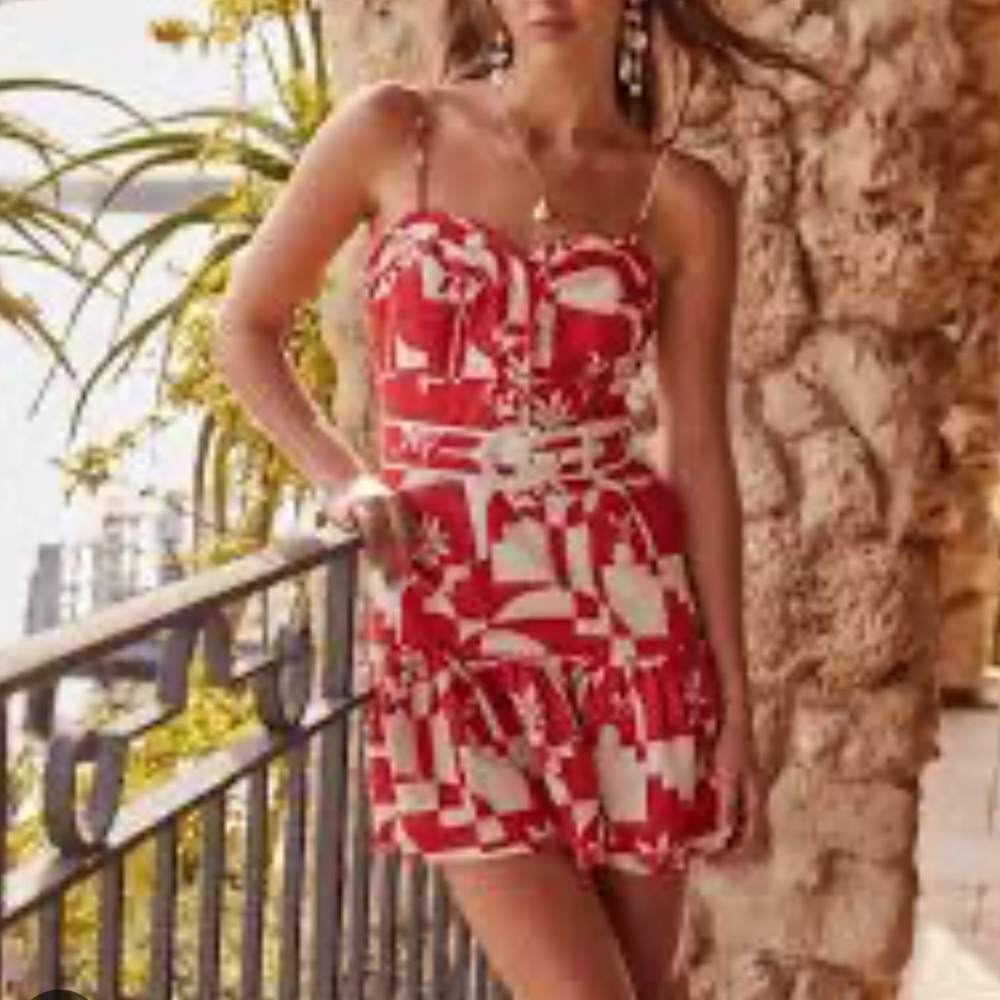 REBECCA VALLANCE
Barcelona belted printed linen-blend mini dress